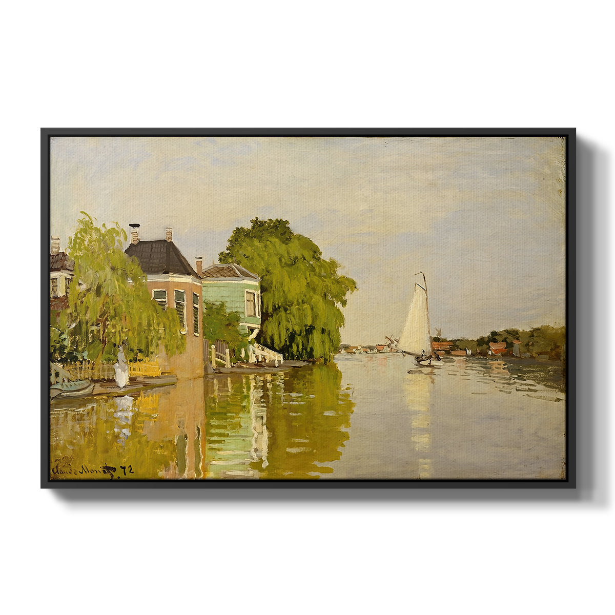 Houses on the Achterzaan, 1871 by Claude Monet in a black floater framed canvas wall art display.