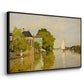 Angled view of Houses on the Achterzaan, 1871 by Claude Monet in a black floater framed canvas.