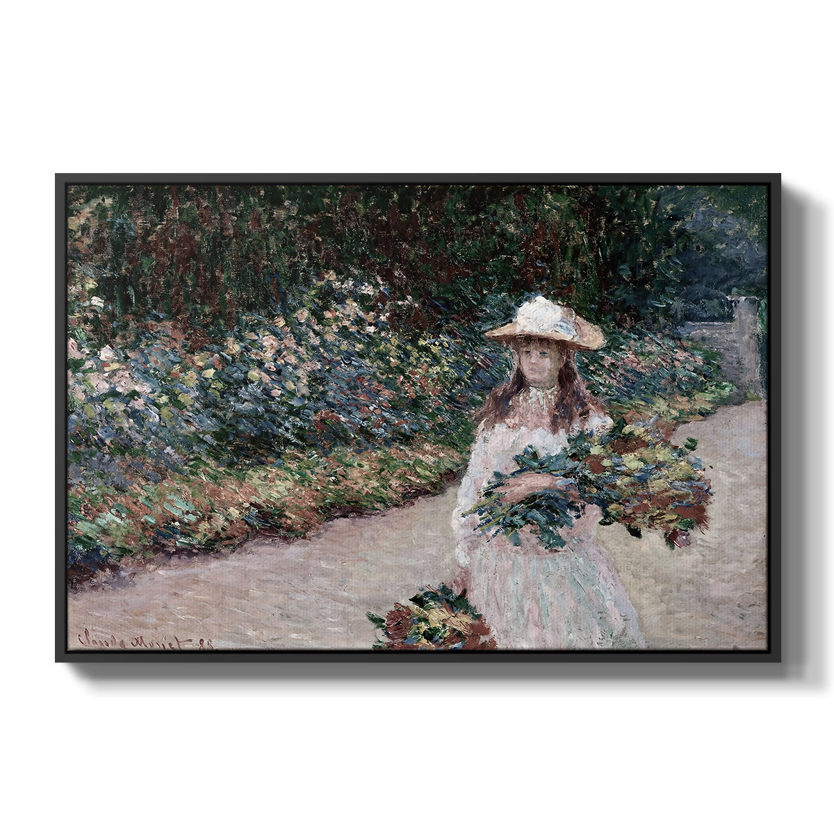 Young Girl in the Garden at Giverny, 1888 by Claude Monet in a black floater framed canvas wall art display.