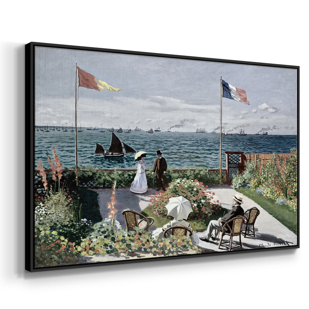 Angled view of Garden at Sainte-Adresse, 1867 by Claude Monet in a black floater framed canvas.