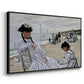 Angled view of On the Beach at Trouville, 1870 by Claude Monet in a black floater framed canvas.