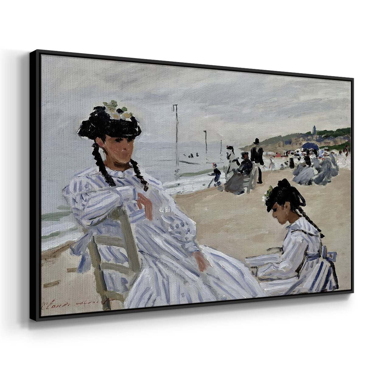 Angled view of On the Beach at Trouville, 1870 by Claude Monet in a black floater framed canvas.