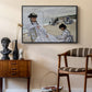 On the Beach at Trouville, 1870 by Claude Monet as a black floater framed canvas featuring a beach setting with people relaxing under umbrellas, styled above a mid-century console in a contemporary living area.