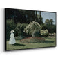 Angled view of Woman in the Garden, Sainte-Adresse, 1867 by Claude Monet in a black floater framed canvas.