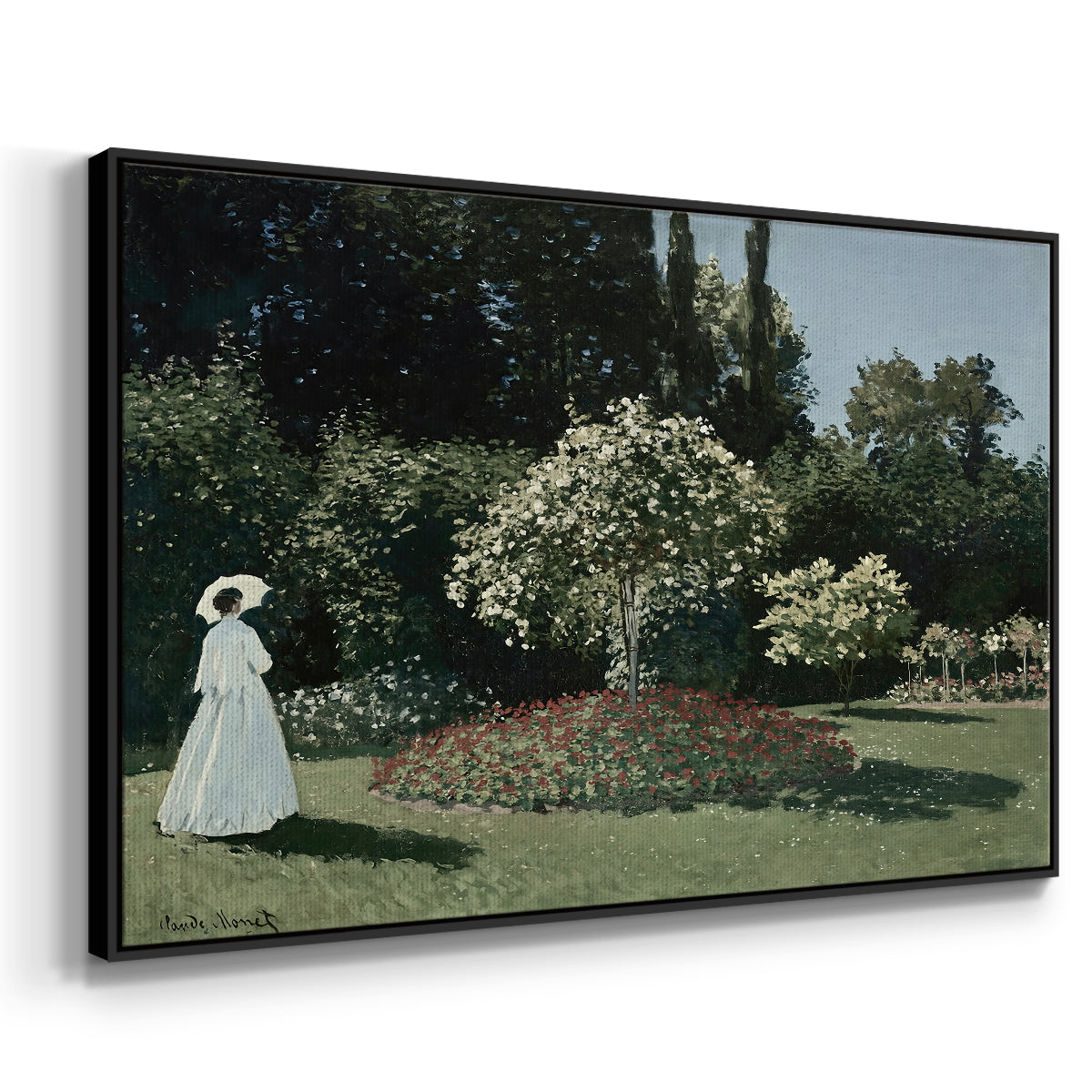 Angled view of Woman in the Garden, Sainte-Adresse, 1867 by Claude Monet in a black floater framed canvas.