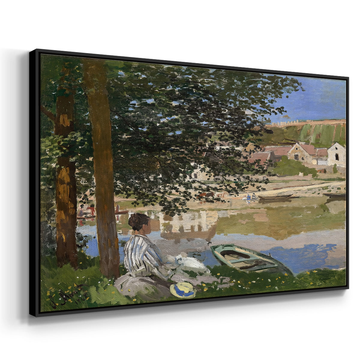 Angled view of On the Bank of the Seine, Bennecourt, 1868 by Claude Monet in a black floater framed canvas.