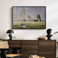 Summer (L'ete), 1874 by Claude Monet displayed in a black floater framed canvas above a dark wood credenza in an entryway.