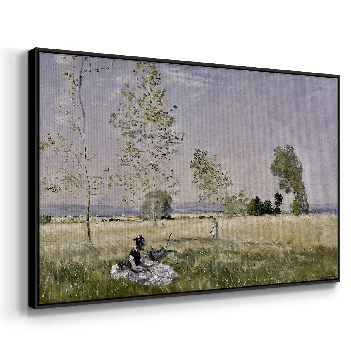 Angled view of Summer (L'ete), 1874 by Claude Monet in a black floater framed canvas.
