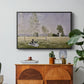 Summer (L'ete), 1874 by Claude Monet in a black floater framed canvas featuring a woman seated in grassy field beneath tree in bright summer landscape, displayed above a wood console cabinet.