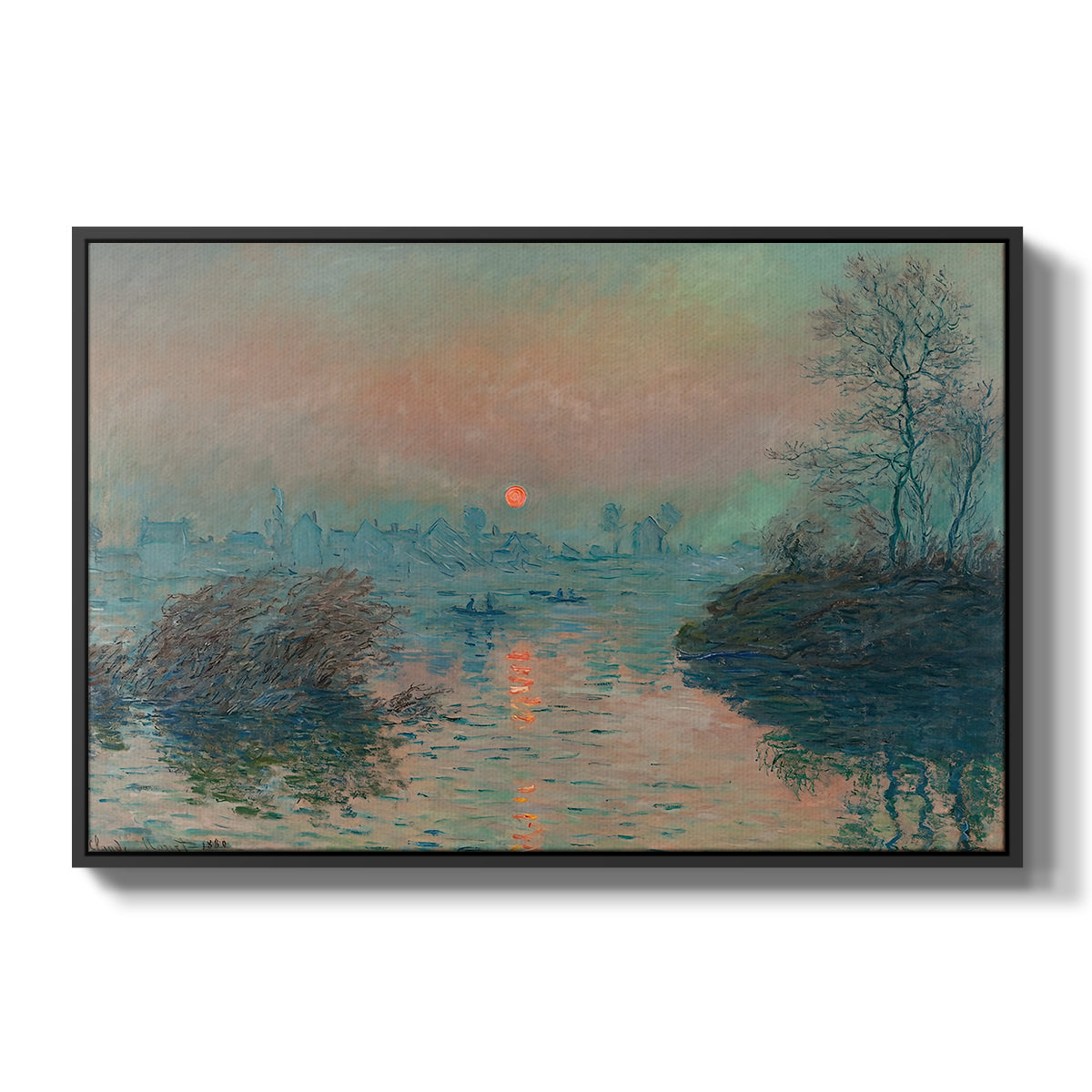 Sunset on the Seine at Lavacourt, Winter Effect, 1880 by Claude Monet in a black floater framed canvas wall art display.