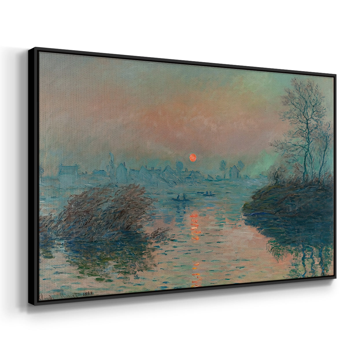 Angled view of Sunset on the Seine at Lavacourt, Winter Effect, 1880 by Claude Monet in a black floater framed canvas.