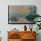 Sunset on the Seine at Lavacourt, Winter Effect, 1880 by Claude Monet in a black floater framed canvas featuring a glowing sunset over snowy river landscape with soft reflections, displayed above a wood console cabinet.