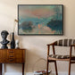 Sunset on the Seine at Lavacourt, Winter Effect, 1880 by Claude Monet as a black floater framed canvas featuring an impressionist view of river at sunset with snowy banks, styled above a mid-century console in a contemporary living area.