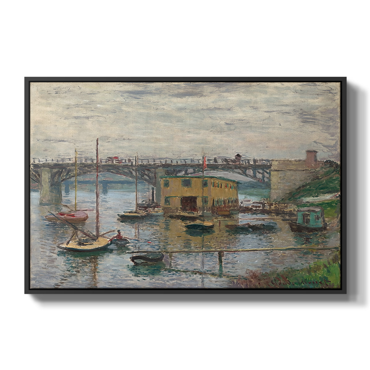Bridge at Argenteuil on a Gray Day, c. 1876 by Claude Monet in a black floater framed canvas wall art display.
