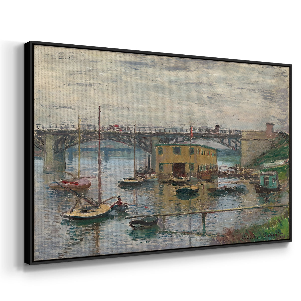 Angled view of Bridge at Argenteuil on a Gray Day, c. 1876 by Claude Monet in a black floater framed canvas.