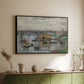 Black floater framed canvas of Bridge at Argenteuil on a Gray Day, c. 1876 by Claude Monet, featuring an impressionist riverscape with overcast atmosphere and soft tones above a sideboard in a softly lit hallway.