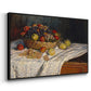 Angled view of Still Life with Apples and Grapes, 1880 by Claude Monet in a black floater framed canvas.