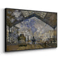 Angled view of The Gare Saint-Lazare, 1877 by Claude Monet in a black floater framed canvas.