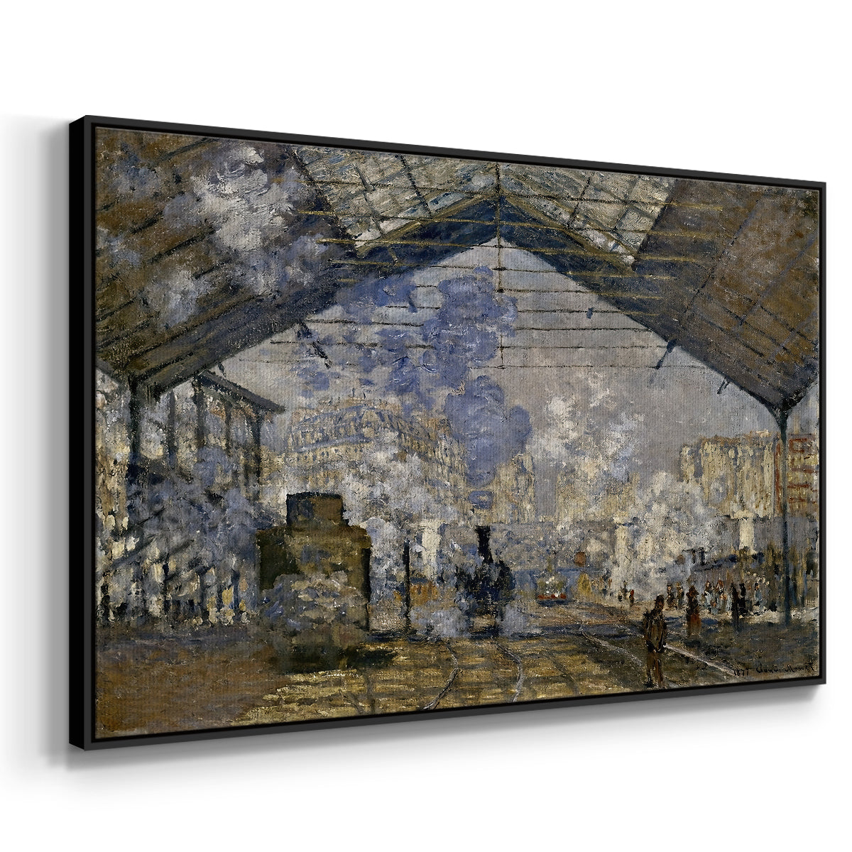 Angled view of The Gare Saint-Lazare, 1877 by Claude Monet in a black floater framed canvas.