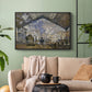 Black floater framed canvas featuring a bustling transport hub with trains beneath glass roof, displayed above a sofa in a modern living room.