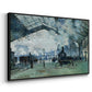 Angled view of The Saint-Lazare Station, 1877 by Claude Monet in a black floater framed canvas.