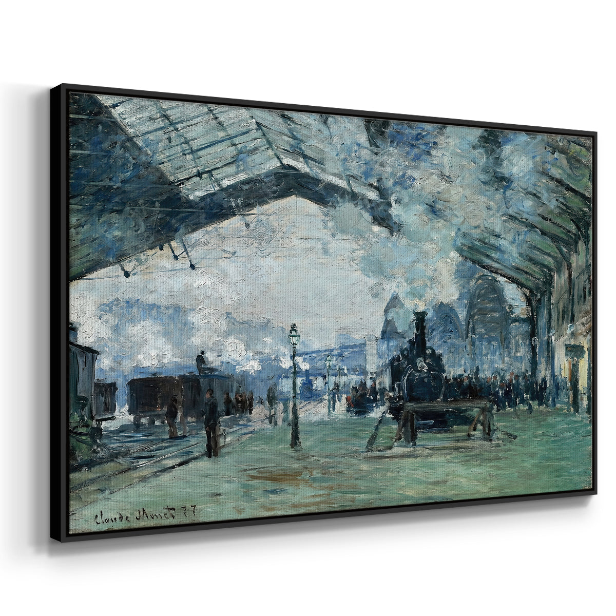 Angled view of The Saint-Lazare Station, 1877 by Claude Monet in a black floater framed canvas.