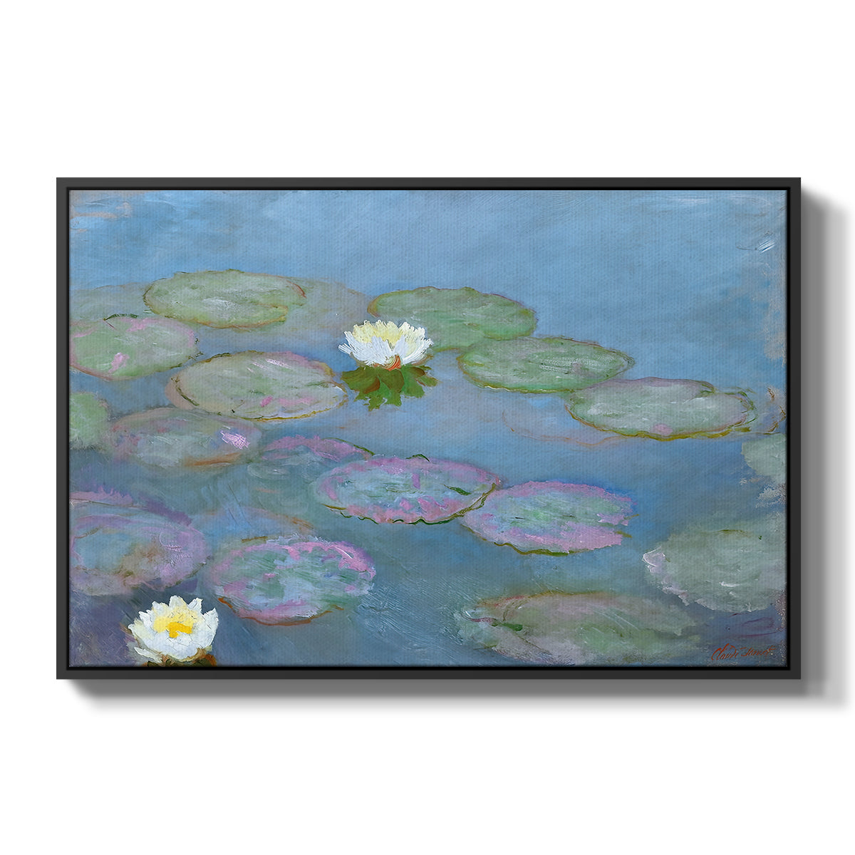 Water Lilies (Nymphéas), 1897-1899 by Claude Monet in a black floater framed canvas wall art display.