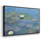 Angled view of Water Lilies (Nymphéas), 1897-1899 by Claude Monet in a black floater framed canvas.