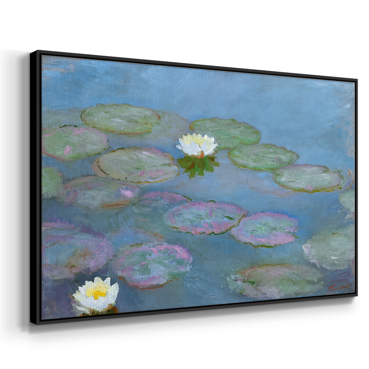 Angled view of Water Lilies (Nymphéas), 1897-1899 by Claude Monet in a black floater framed canvas.