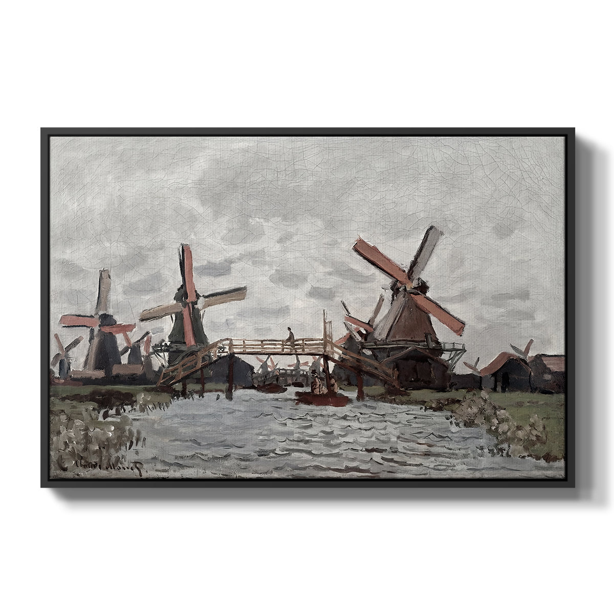 Windmills near Zaandam, 1871 by Claude Monet in a black floater framed canvas wall art display.