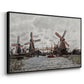 Angled view of Windmills near Zaandam, 1871 by Claude Monet in a black floater framed canvas.