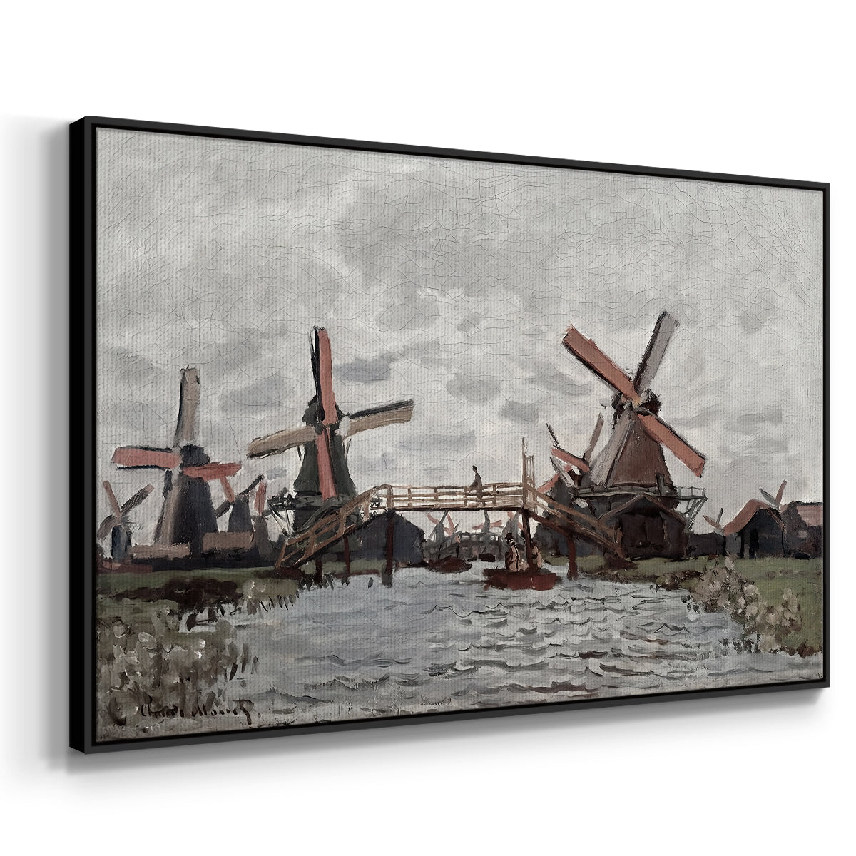 Angled view of Windmills near Zaandam, 1871 by Claude Monet in a black floater framed canvas.