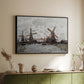 Black floater framed canvas of Windmills near Zaandam, 1871 by Claude Monet, featuring an impressionist view of Dutch windmills along riverbank above a sideboard in a softly lit hallway.