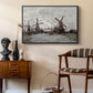 Windmills near Zaandam, 1871 by Claude Monet as a black floater framed canvas featuring a countryside scene with traditional windmills and reflections, styled above a mid-century console in a contemporary living area.