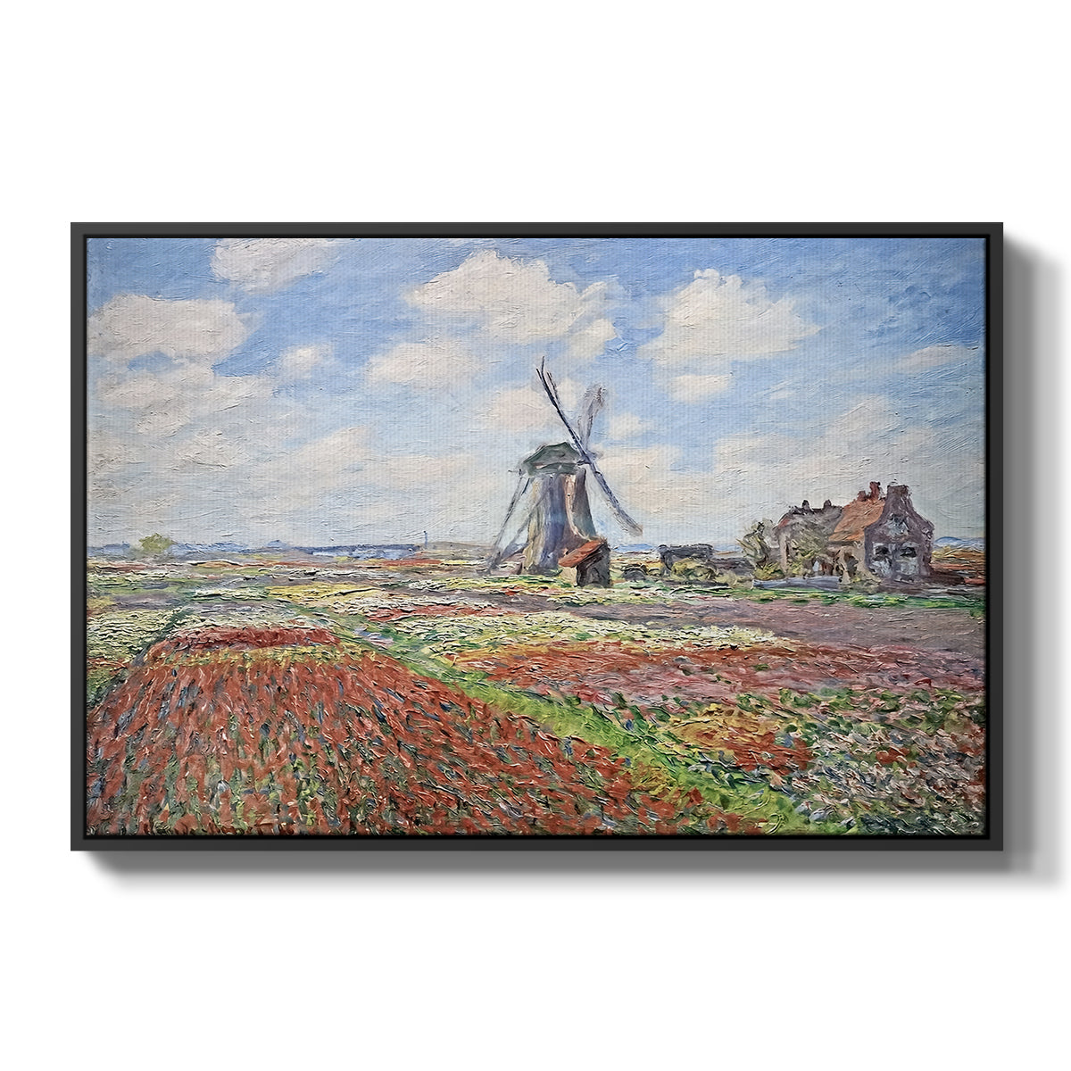 Tulip Fields with the Rijnsburg Windmill, 1886 by Claude Monet in a black floater framed canvas wall art display.
