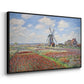 Angled view of Tulip Fields with the Rijnsburg Windmill, 1886 by Claude Monet in a black floater framed canvas.