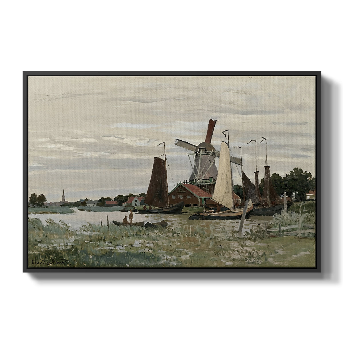 Windmill at Zaandam, 1871 by Claude Monet in a black floater framed canvas wall art display.