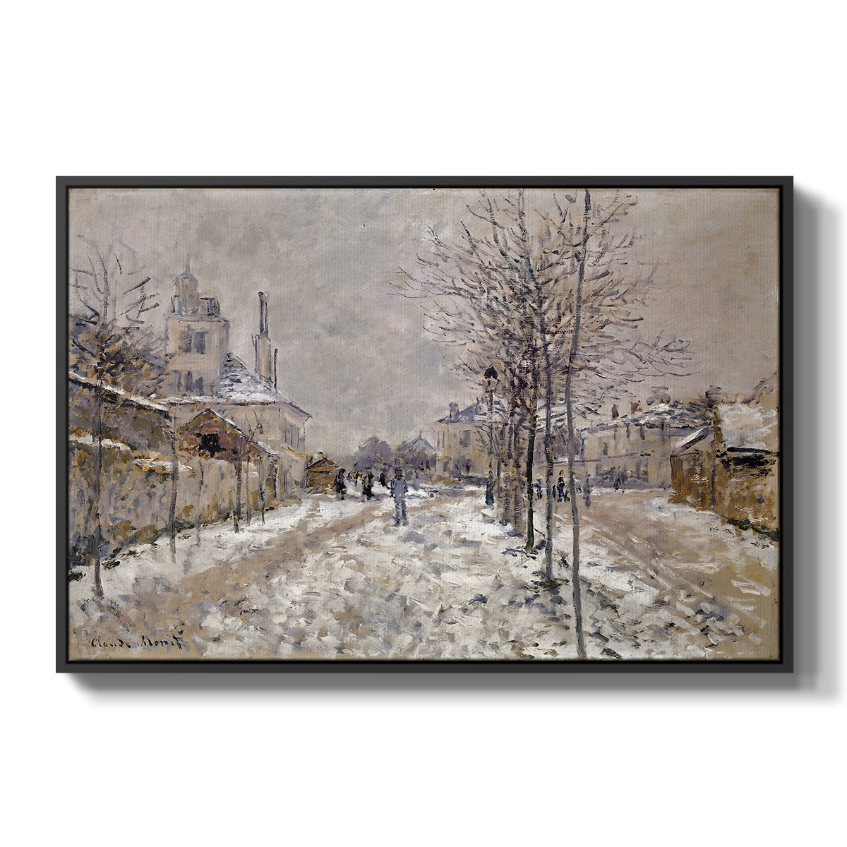 The Boulevard de Pontoise at Argenteuil, Snow Effect, 1875 by Claude Monet in a black floater framed canvas wall art display.
