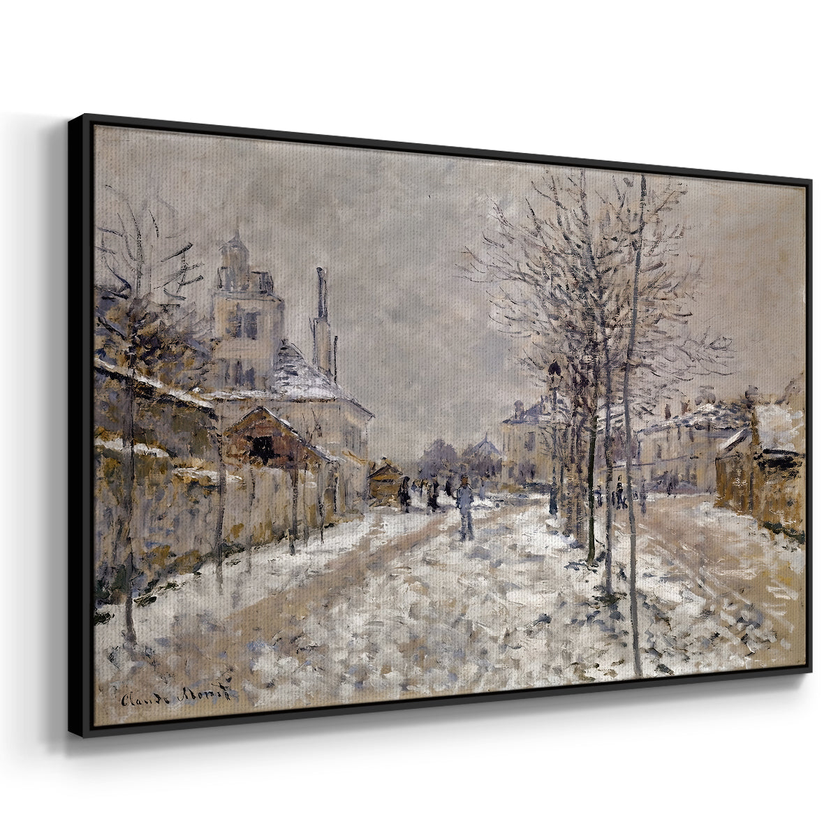 Angled view of The Boulevard de Pontoise at Argenteuil, Snow Effect, 1875 by Claude Monet in a black floater framed canvas.