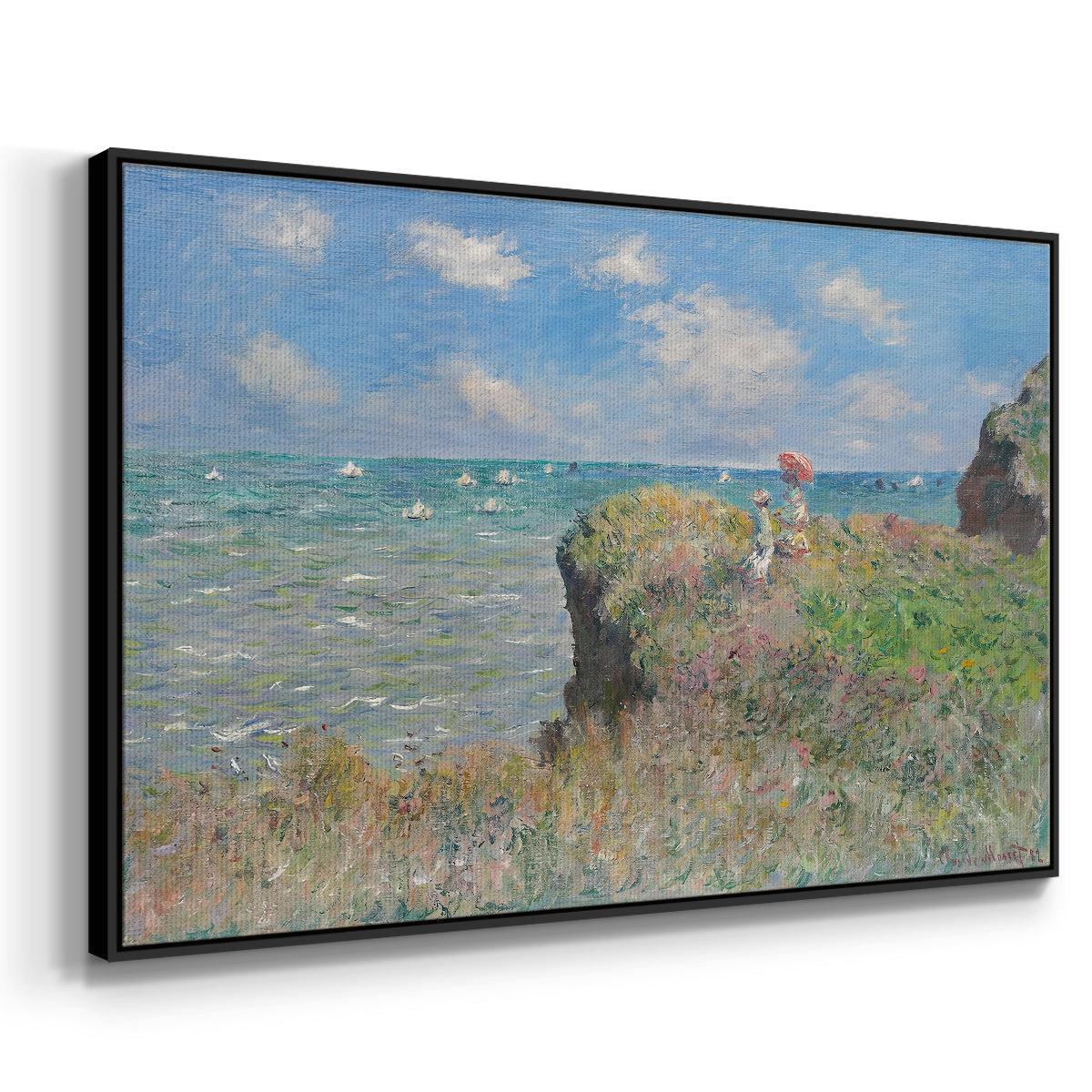 Angled view of The Cliff Walk at Pourville, 1882 by Claude Monet in a black floater framed canvas.