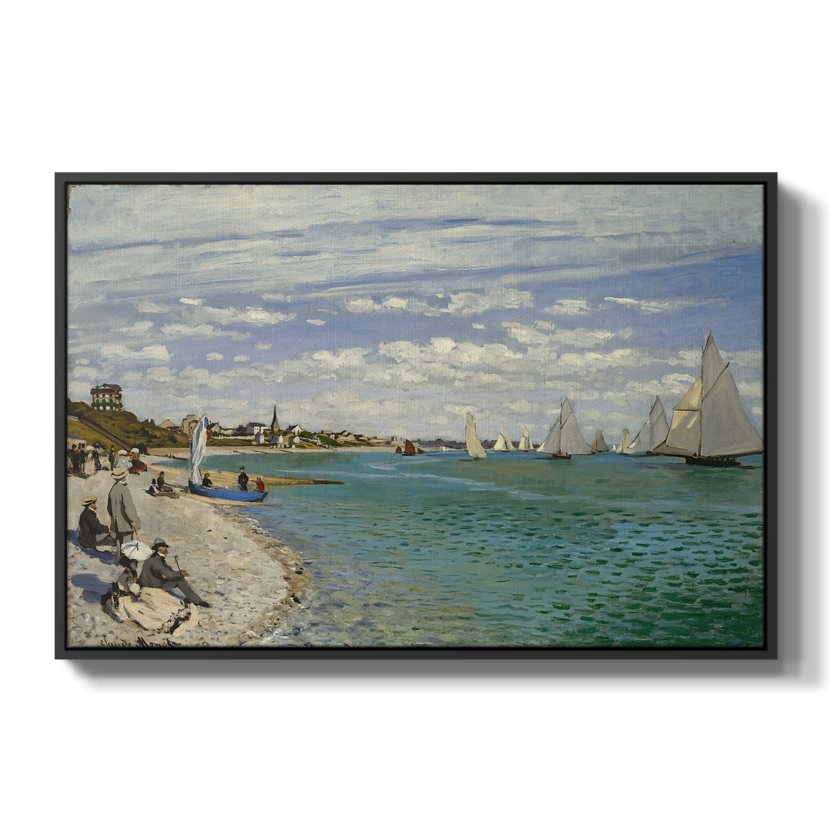 Regatta at Sainte-Adresse, 1867 by Claude Monet in a black floater framed canvas wall art display.