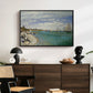 Regatta at Sainte-Adresse, 1867 by Claude Monet displayed in a black floater framed canvas above a dark wood credenza in an entryway.