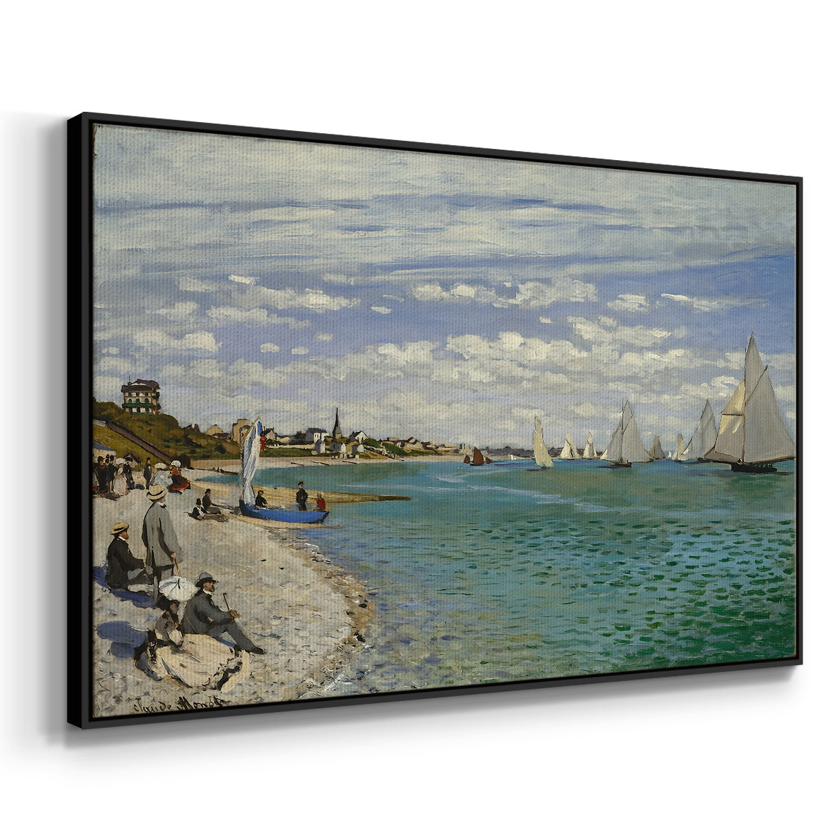 Angled view of Regatta at Sainte-Adresse, 1867 by Claude Monet in a black floater framed canvas.