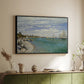 Black floater framed canvas of Regatta at Sainte-Adresse, 1867 by Claude Monet, featuring a lively regatta scene with boats and people on beach above a sideboard in a softly lit hallway.