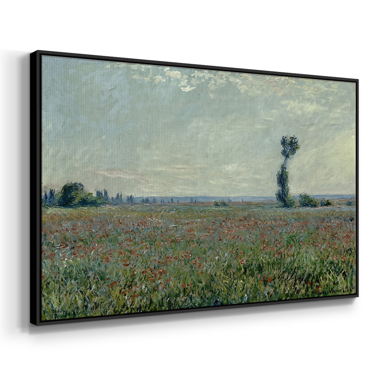 Angled view of Poppy Field, 1881 by Claude Monet in a black floater framed canvas.