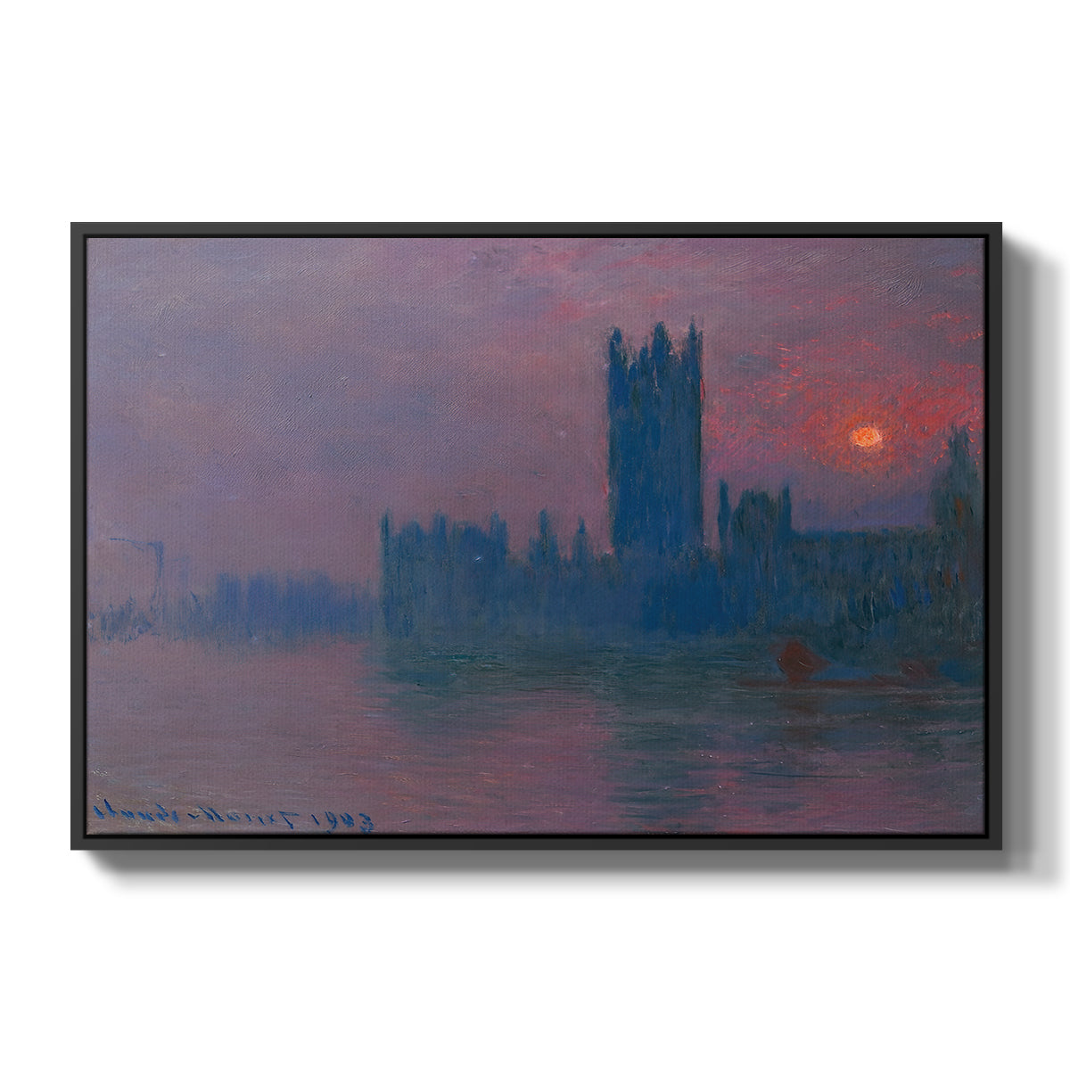 The Houses of Parliament, Sunset, 1903 by Claude Monet in a black floater framed canvas wall art display.