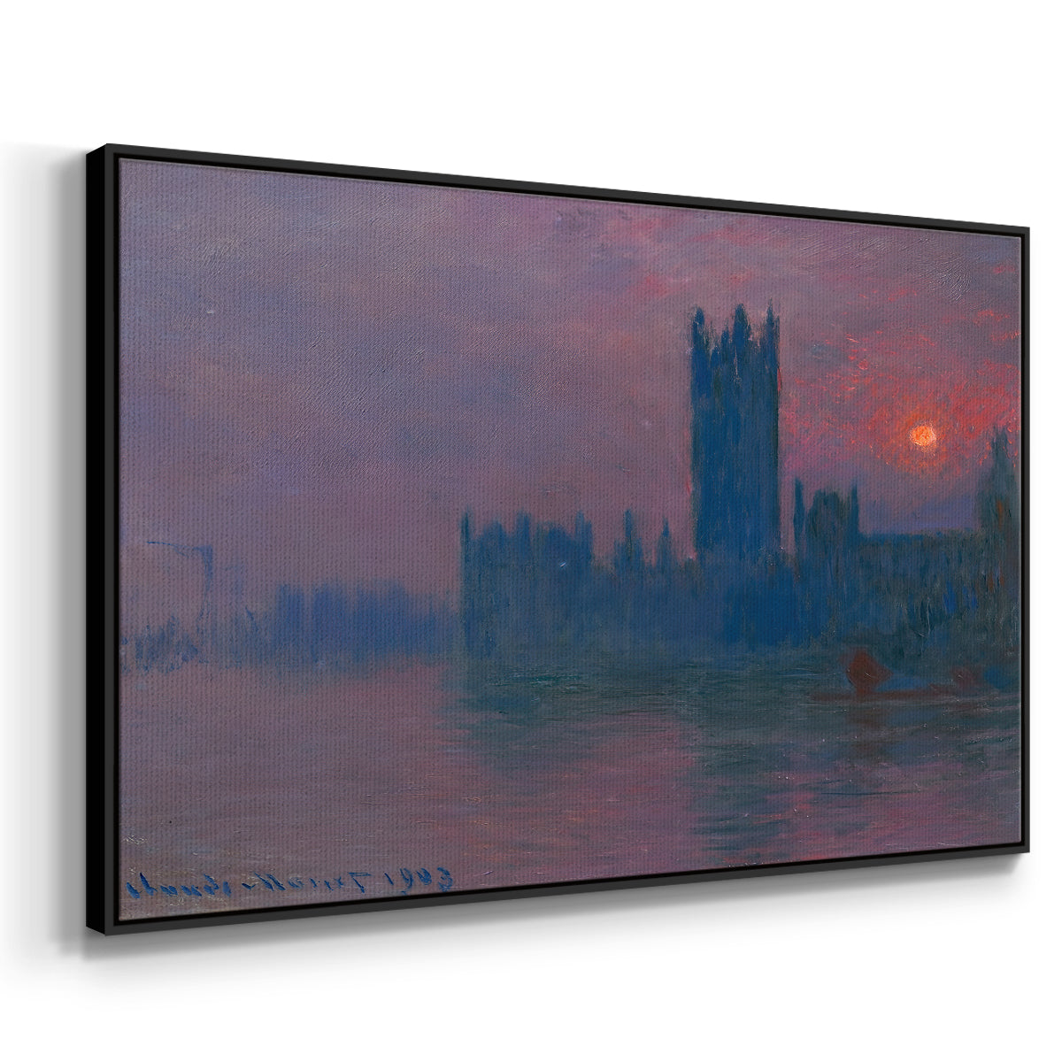 Angled view of The Houses of Parliament, Sunset, 1903 by Claude Monet in a black floater framed canvas.