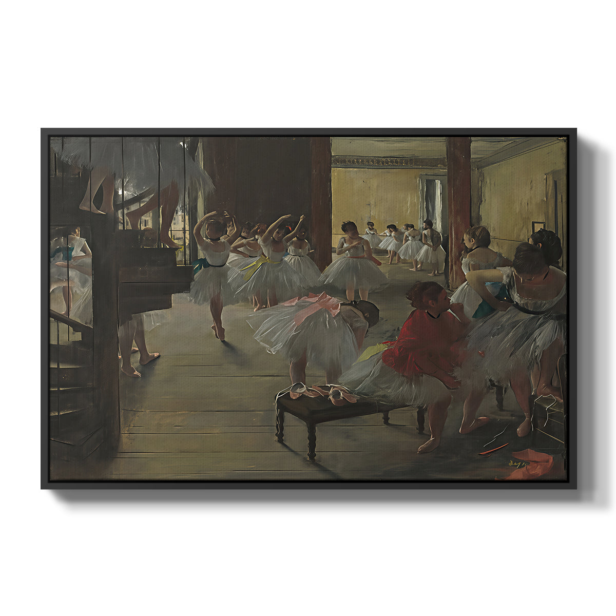 The Dance Class, c. 1873 by Edgar Degas in a black floater framed canvas wall art display.