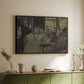 Black floater framed canvas of The Dance Class, c. 1873 by Edgar Degas, featuring a rehearsal scene with dancers stretching and posing indoors above a sideboard in a softly lit hallway.