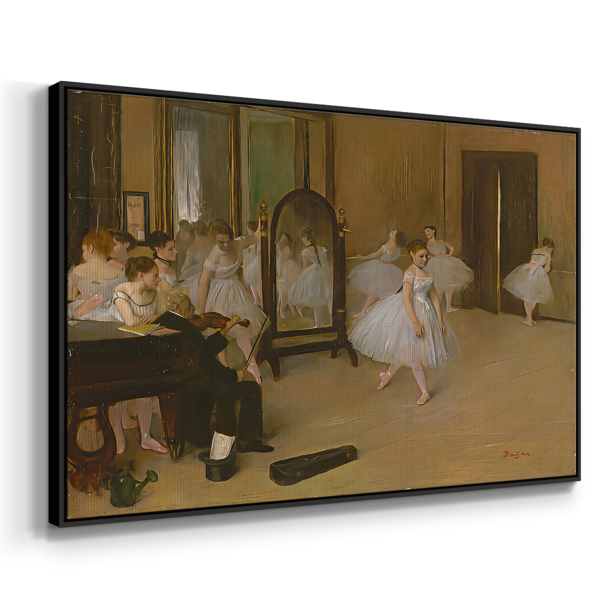 Angled view of The Dancing Class, c. 1870 by Edgar Degas in a black floater framed canvas.